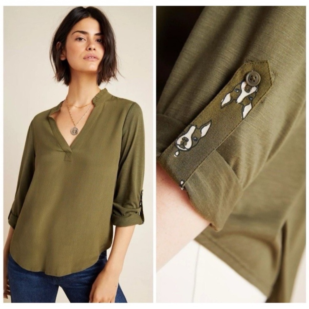 Anthropologie‎ Porridge Aidan Shirt Top Green Size S 3/4 Roll Sleeve Dog Detail